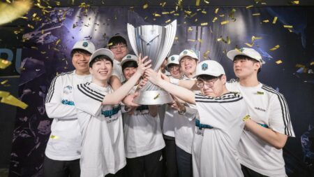 DWG KIA holding up LCK trophy during 2021 LCK Spring Final, LCK players