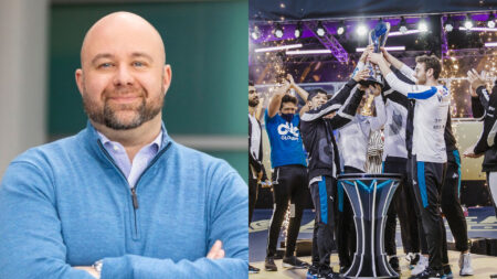 Side by side of LCS Commissioner Chris Greeley and Cloud9 during the 2021 LCS Spring Final