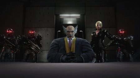 Heihachi sitting as the Mishima Zaibatsu boss in Tekken 7