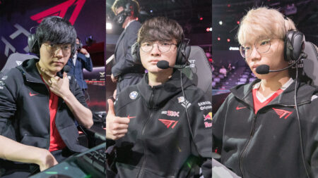 Teddy, Canna, Faker of T1 during Week 4 of 2021 LCK Summer
