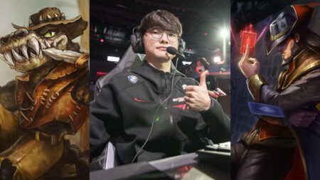 T1 Faker with League of Legends champions Renekton and Twisted Fate