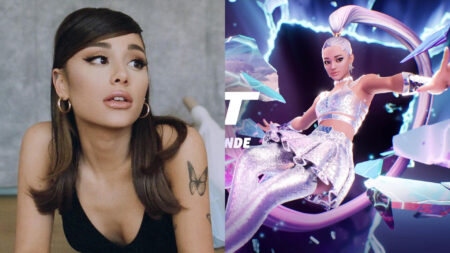Ariana Grande next to her Icon version from Fortnite