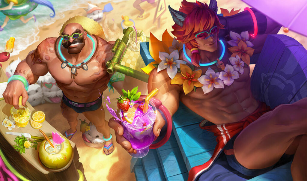 Diseños de Braum y Sett de fiesta en la piscina