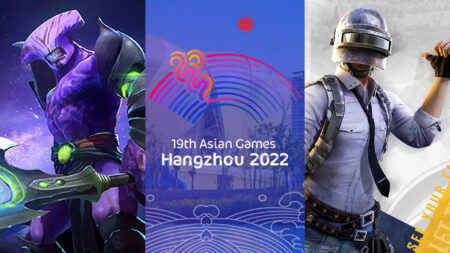 The official logo of Asian Games 2022 alongside Dota 2's Faceless Void and PUBG Mobile's trademark character