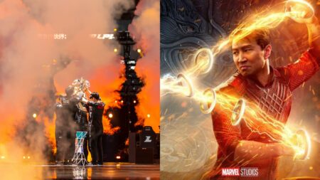 Edward Gaming lifting the 2021 LPL Summer trophy and Shang-Chi official Marvel movie poster