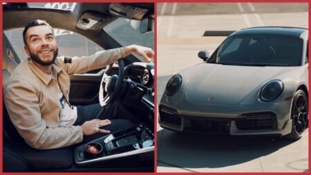 Nadeshot in the exterior of his new Porsche alongside an exterior photo of the car