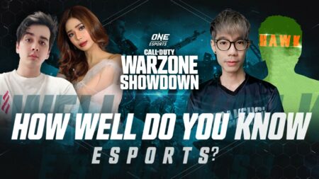 Streamers Myrtle Sarrosa, HAWKEZxoxo, Marky932, and SiuPakChoi in an esports trivia video for ONE Esports Warzone Showdown