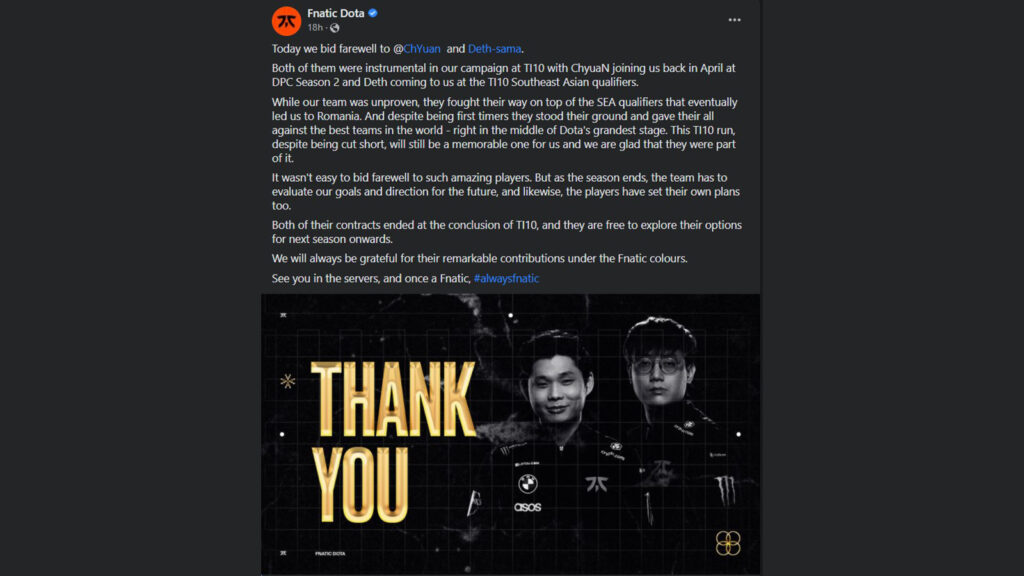 Fnatic parts ways with ChYuan and Deth after TI10