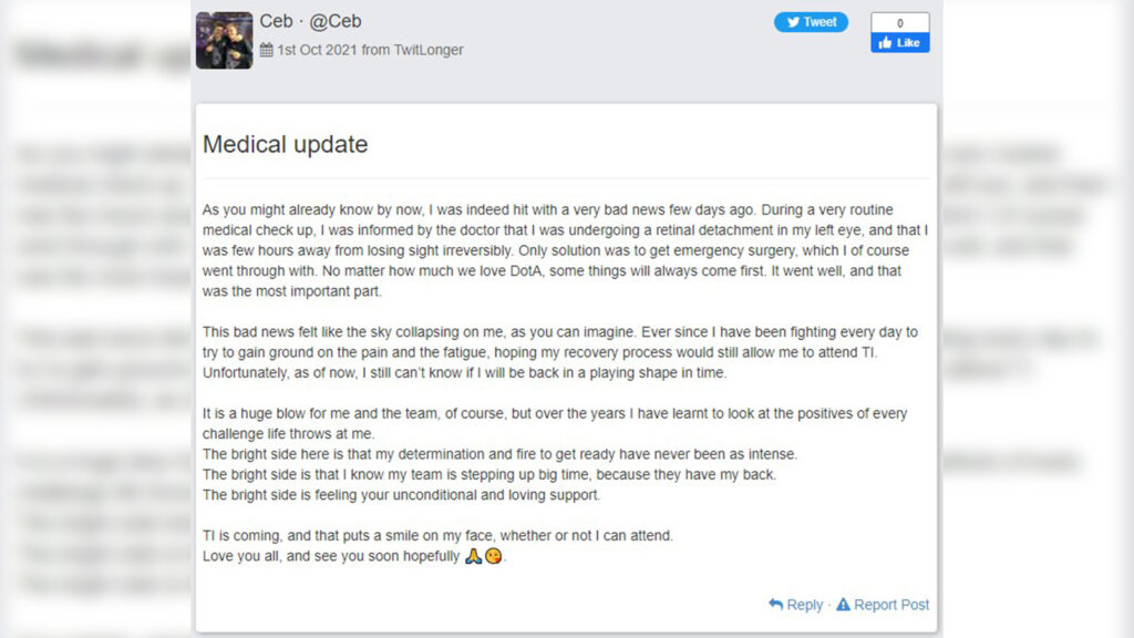 OG’s Ceb might miss TI10 after emergency eye surgery, Micke on standby OG Ceb shares his medical condition prior to TI10