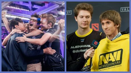 The International then and now: OG Esports' 2018 roster and Natus Vincere's Puppey and Dendi.