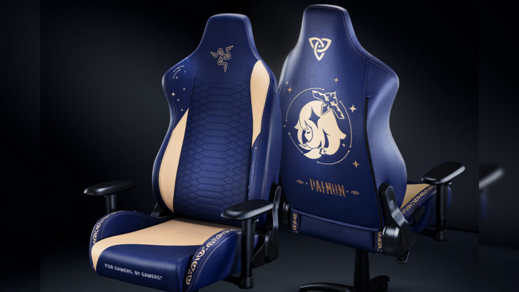 The Genshin Impact merch Paimon gaming chair's front and back designs.