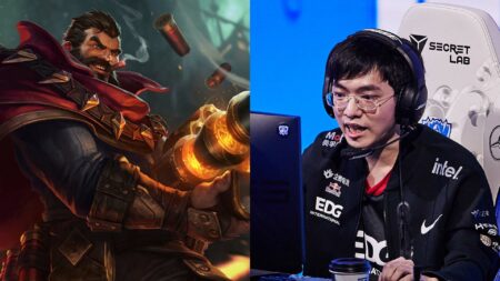League of Legends marksman champion Graves and Edward Gaming top laner Flandre at Worlds 2021 Day 2 Group Stage
