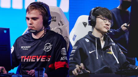 Abbedagge of 100 Thieves next to Faker of T1 for Worlds 2021