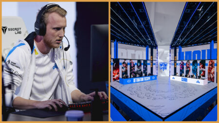 Cloud9 Zven on stage next to the Worlds 2021 Play-In stage