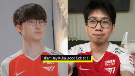T1 players League of Legends star Lee "Faker" Sang-hyeok and Filipino Dota 2 player Carlo "Kuku" Palad exchange words for Worlds 2021 and TI10.