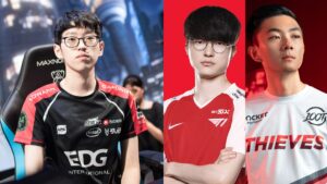 Worlds 2021 players EDG Scout, T1 Faker, 100T FBI