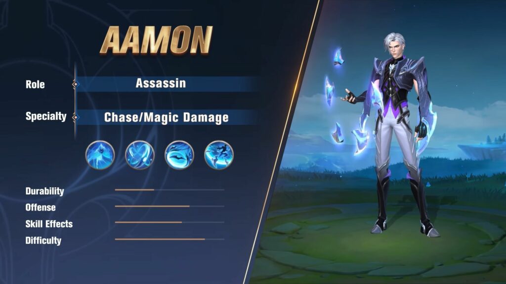 Mobile Legends: Bang Bang assassin hero Aamon's stats in-game.