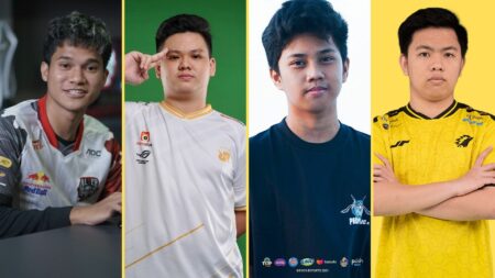 Mobile Legends: Bang Bang Professional League Indonesia Season 8 (MPL ID Season 8) players, Alter Ego's LeoMurphy, RRQ Hoshi's Alberttt, EVOS Legends' Ferxiic, and ONIC Esports' Drian