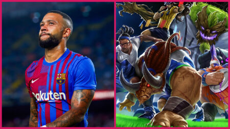 FC Barcelona player Memphis Depay next to football-influenced League of Legends skins