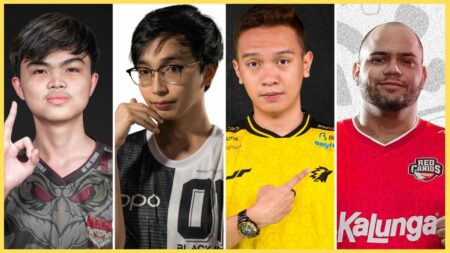 Mobile Legends: Bang Bang M3 World Championship participating teams, SeeYouSoon's Runn, Blacklist International's OhMyV33nus, ONIC Esports' Butsss, and Red Canids Kalunga's Lunna