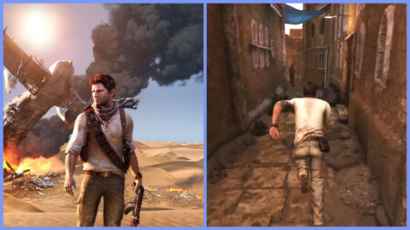 Cover art of Uncharted 3 next to the chapter 11 chase level