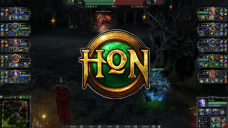 The Heroes of Newerth (HoN) logo on top of a gameplay screenshot.
