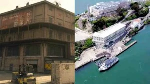 Factory next to its IRL counterpart on Alcatraz in Nuke Squad's video