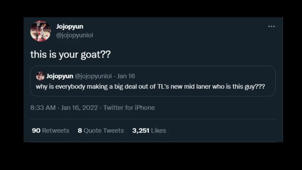 This former Fortnite pro is now expected to be a top 3 mid laner in the LCS Pro player EG jojopyun tweet