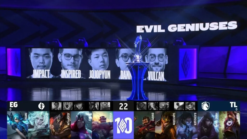 LCS Lock En la final de 2022 entre Evil Geniuses y Team Liquid, primer draft match 