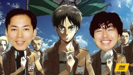 Shintaro Kawakubo and Hajime Isayama with Eren Yeager from Attack on Titan