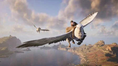Wizards riding a Hippogriff in Hogwarts Legacy