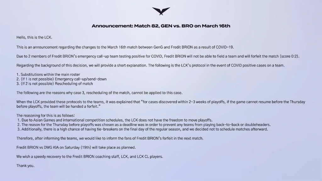 Fredit BRION forced to forfeit LCK match against Gen.G due to COVID-19 LCK announcement Fredit BRION forfeit