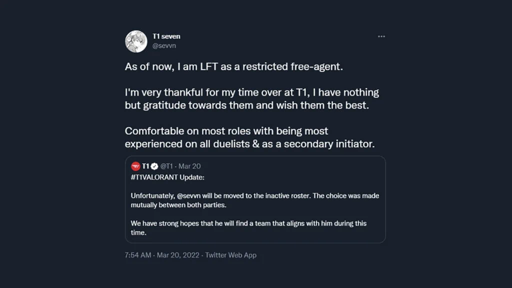 Seven benched by T1 Valorant, now a restricted free agent T1 Valorant move Seven to inactive roster