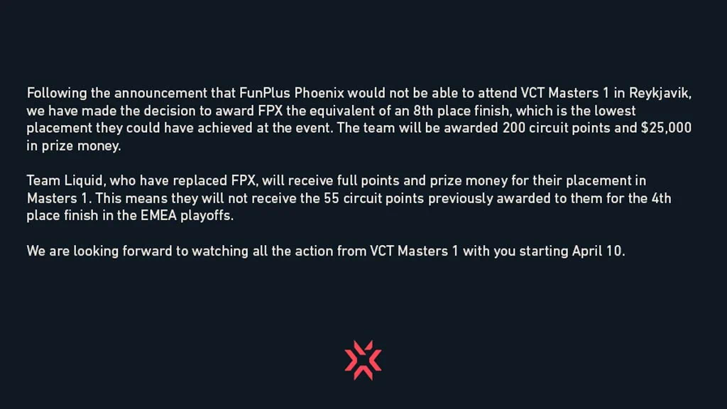 Riot Games awards FunPlus Phoenix VCT points and prize money for