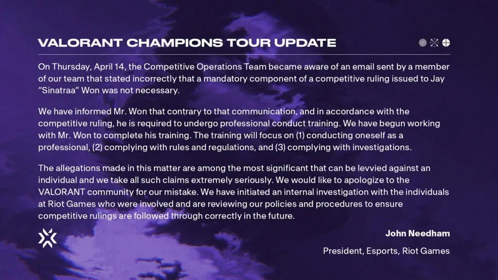 Sinatraa to undergo 'professional conduct training' before competing again Valorant sinatraa VCT professional conduct training Riot Games