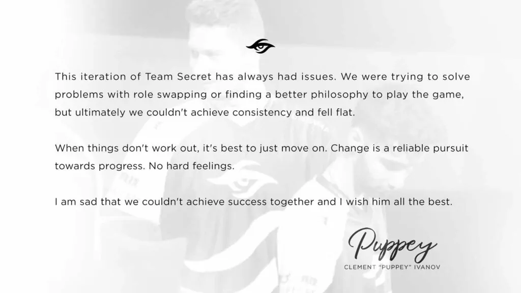 Team Secret parts ways with SumaiL Puppey's statement regarding SumaiL's departure from Team Secret