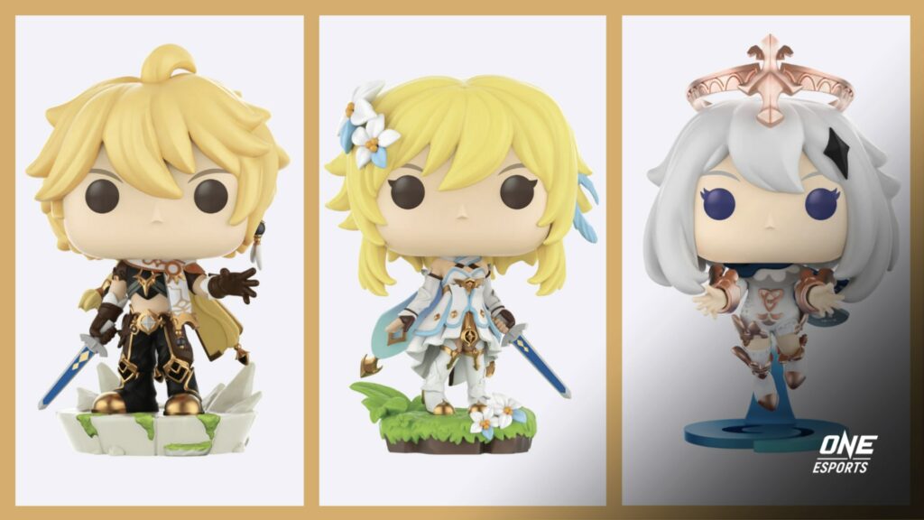Genshin Funko Pops featuring the traveler twins Aether and Lumine and their companion Paimon