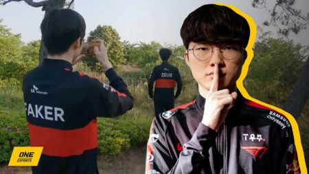 T1 Faker next to him taking a photo of Zeus