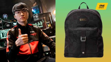 T1 Faker next to his new Gucci backpack