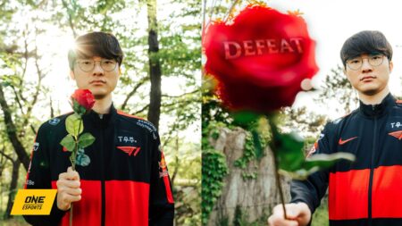 Faker at MSI 2022 holding a rose