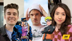 Ludwig, PewDiePie, and Pokimane next to Jotaro Kujo and Naruto