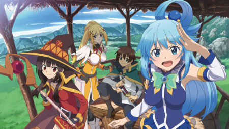 KonoSuba's main cast from left to right: Megumin, Darkness, Kazuma, and Aqua