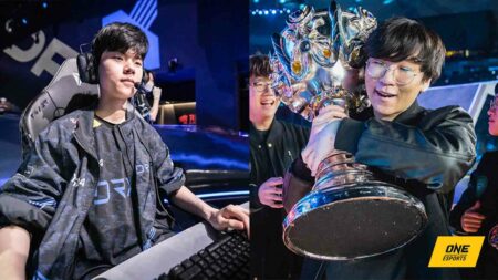 DRX Deft next to SSG Ruler with Worlds trophy
