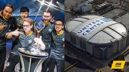Evil Geniuses and the LCS trophy next to United Center