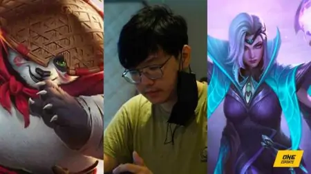 EVOS Legends coach Bjorn "Zeys" Ong with Mobile Legends: Bang Bang heroes Akai and Zeys