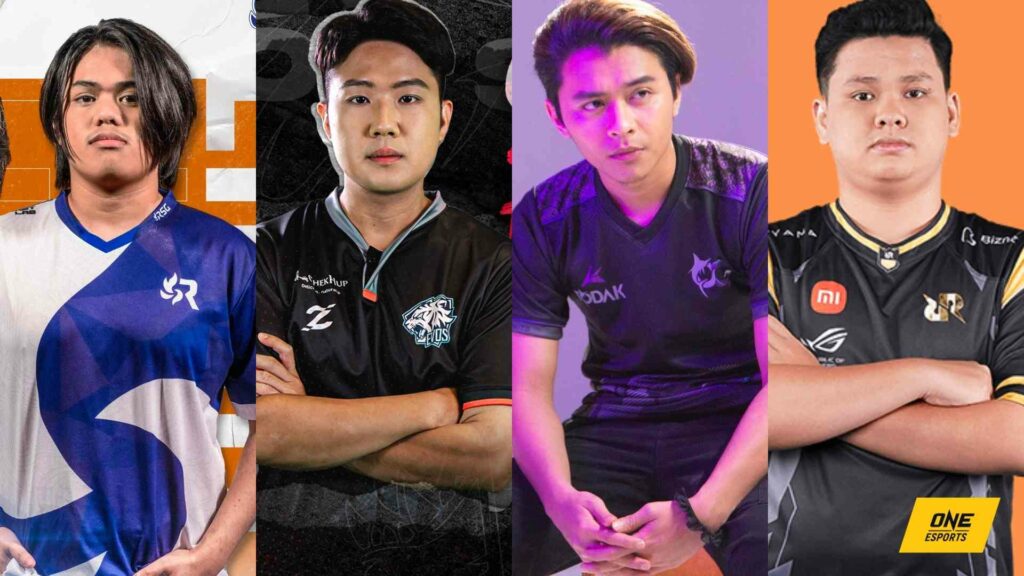 Jugadores del MSC 2022, Dylan de RSG PH "Ligero" Catipon, Akihiro de EVOS SG "JPL" Furusawa, Zikry de Todak "Luna" Bin Shamsuddin y Albert de RRQ Hoshi "alberttt" Neilsen Iskandar