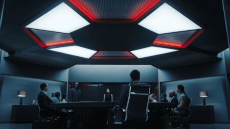 Umbrella Corporation boardroom in Resident Evil Netflix series