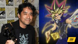 Yu-Gi-Oh creator Kazuki Takahashi and Yugi from the series