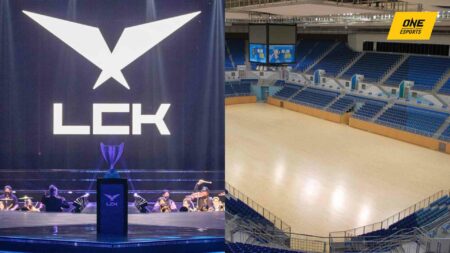 The LCK trophy next to interior of Gangneung Arena