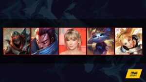 Banned LoL champions Zed, Yasuo, Yuumi, and Lux, with Taylor Swift